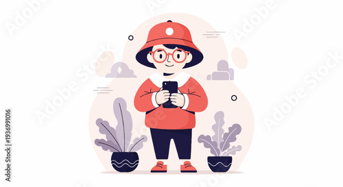 A cheerful person in a bucket hat and glasses stares at their phone, with plants around
