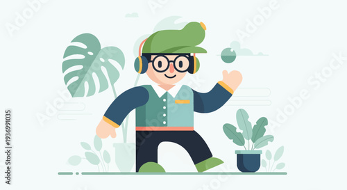 A smiling person with headphones and glasses dances among plants