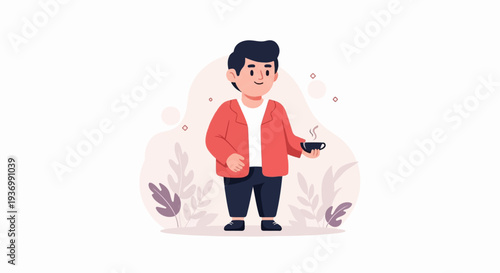 A cheerful person in a red jacket and dark pants holds a steaming cup of coffee amidst decorative foliage