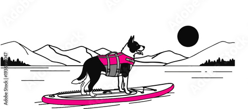 A black and white dog wearing a pink life vest stands on a paddleboard