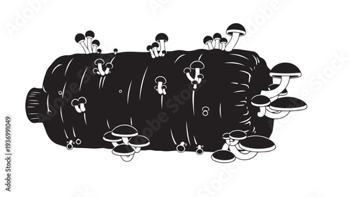 Mushroom Cultivation Block With Emerging Fruiting Bodies — Mycology Spawn Block And Fruiting Icon For Indoor Fungal Farming, Black Solid Vector Isolated On White