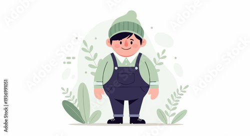 Whimsical character in overalls and beanie, surrounded by abstract green foliage