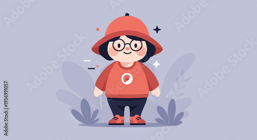 Friendly cartoon character in a red hat and shirt with round glasses, standing among plants