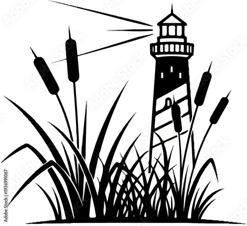 A black and white illustration of a lighthouse, cattails, and reeds
