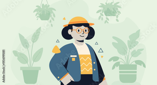 A stylized woman in a hat and glasses stands among houseplants and geometric shapes