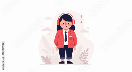 Stylized cartoon person in formal attire and headphones, with abstract botanical elements