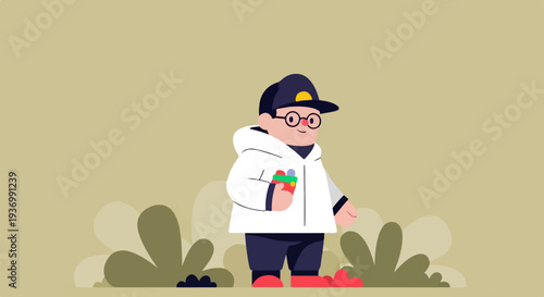 Cartoon kid in hoodie and cap holding a colorful toy amidst stylized foliage