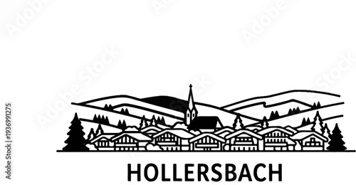 Stylized line art of a European alpine village with rolling hills and a church steeple