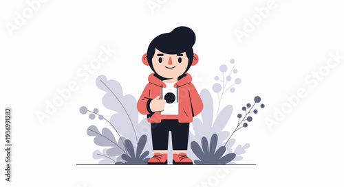 Young person in red hoodie, black pants, red shoes, holding phone against light grey background with plants