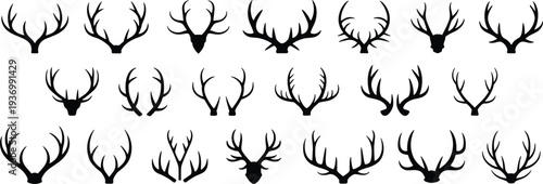Collection of deer antlers silhouettes set, hunting trophy horns vector icons, wildlife stag head horn shapes for logo design