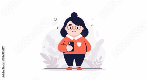Chubby cartoon character with glasses and phone