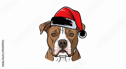 A dog wearing a red Santa hat with white trim and a black pom-pom