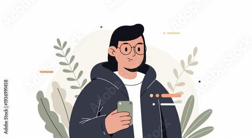 Illustration of a person with glasses holding a smartphone, surrounded by abstract shapes and leaves
