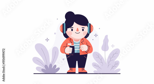 Cheerful person wearing headphones and holding a device, surrounded by abstract plants