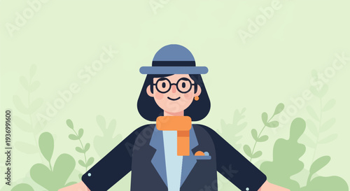 A person in a hat and glasses smiles against a pale green background with foliage