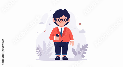 Cartoon character in a coral jacket and dark pants, holding a phone