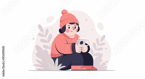 Cozy person in a beanie enjoys a warm beverage amidst abstract foliage