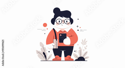 A stylized cartoon character, wearing glasses and a coral sweater, holding a book, amidst abstract flora