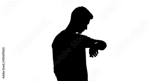 A man's silhouette checking his wrist, possibly a watch, against a white background.