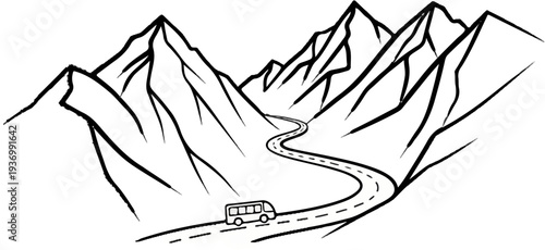 A winding road descends through rugged, sketched mountains with a bus