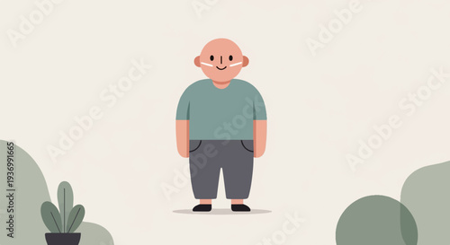 A simplified, smiling character stands in a light-colored environment with abstract shapes and plants