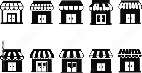 Collection of storefront icons for retail business, boutique shop, marketplace, grocery store, street market buildings isolated on white background
