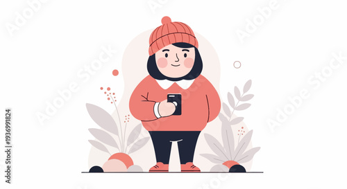 A stylized character in a beanie and sweater holds a smartphone, surrounded by abstract plants