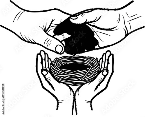 Two pairs of cupped hands gently hold a bird's nest and seeds