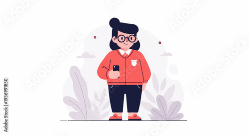 Person with glasses and phone surrounded by stylized plants under a pale sky