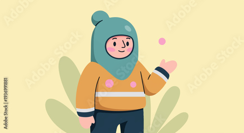 Stylized figure in a teal hood and orange jacket juggles pink spheres