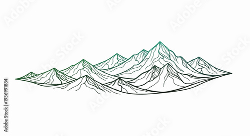 Stylized line art depicting a range of jagged, overlapping mountains