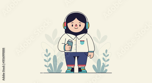 A cartoon character with headphones and a phone stands among stylized plants