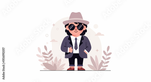 A person in a suit, hat, and sunglasses, stands amidst stylized plants and abstract shapes