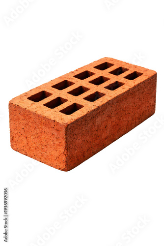 photograph of a single perforated red brick, commonly used in construction, isolated on a transparent background. realistic texture and detail are visible.