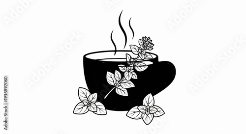 Steaming cup of herbal tea with decorative leaves