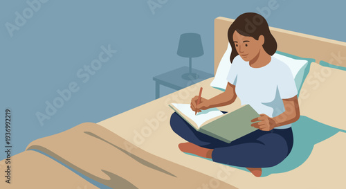 Young woman sitting on bed writing in notebook at home  