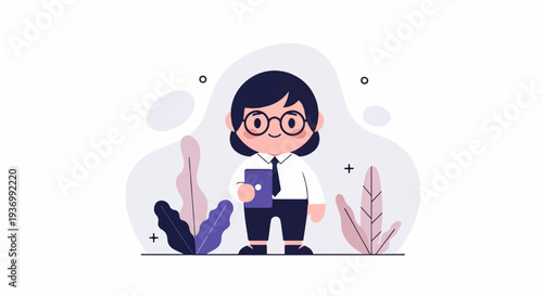 Cute character in business attire holding a tablet, surrounded by abstract shapes and stylized plants