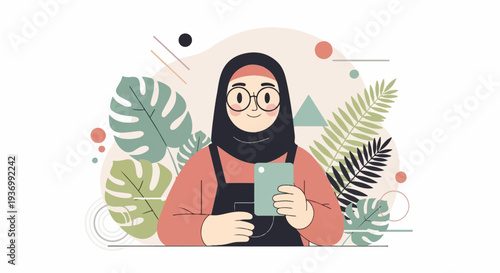 Friendly person in hijab, wearing glasses, holding a phone surrounded by lush foliage and abstract shapes