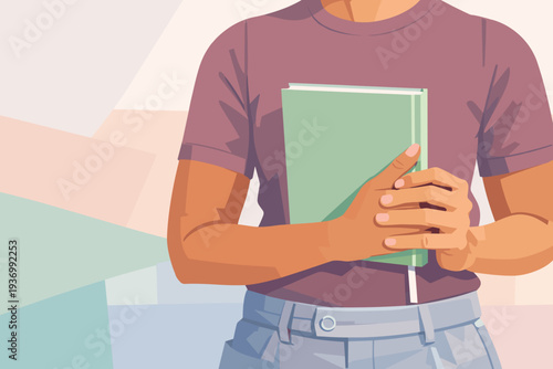 Young person holding a green notebook while standing indoors  