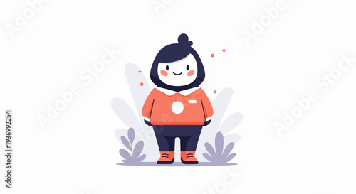 Cheerful cartoon character with dark hair, round face, orange shirt, and dark pants