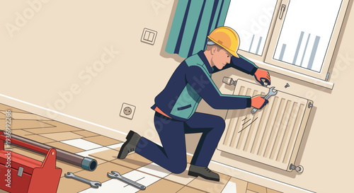 Plumber repairing radiator while kneeling on floor in modern room  