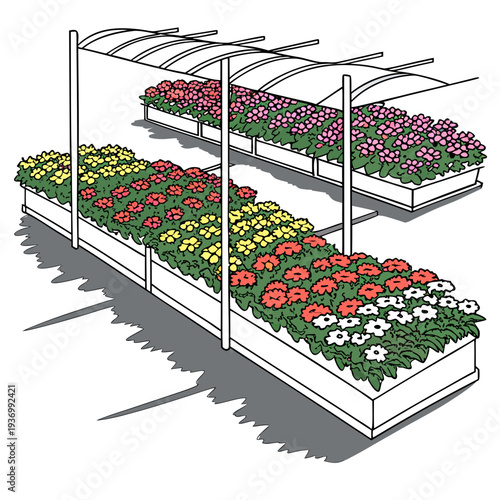 Flower nursery retail arrangement with colorful flowers