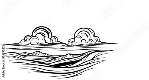 Stylized ink drawing of rolling hills under dramatic clouds and wavy lines