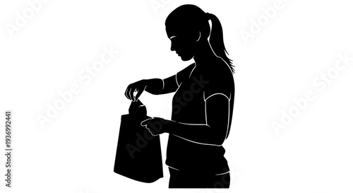 Silhouette of a woman standing and reaching into a small bag, possibly packing or unpacking an item.
