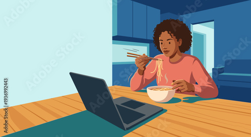 Young woman eating noodles while using laptop at home  