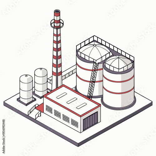 Isometric view of industrial refinery plant with smokestack and storage tanks
