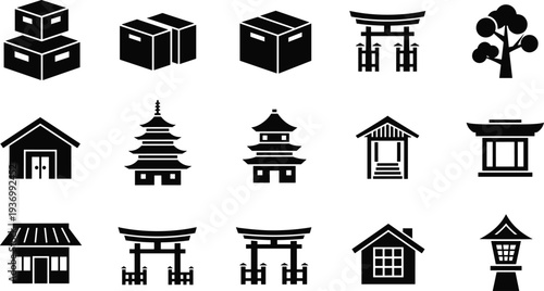 Collection of Asian Cultural Icons Featuring Japanese Pagodas Torii Gates Traditional Lanterns Zen Trees and Cardboard Delivery Boxes for E-commerce and Travel Graphic Design Projects