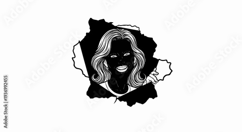 Black and white cartoon portrait of a woman with long wavy hair emerging from behind a black shape