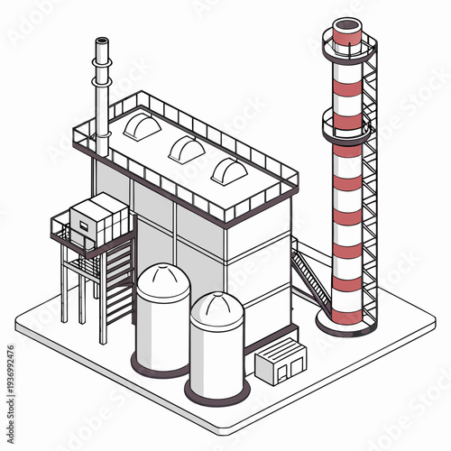 Isometric view of industrial refinery plant with smokestack