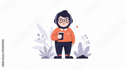 A stylized character wearing headphones and holding a phone, amidst purple flora